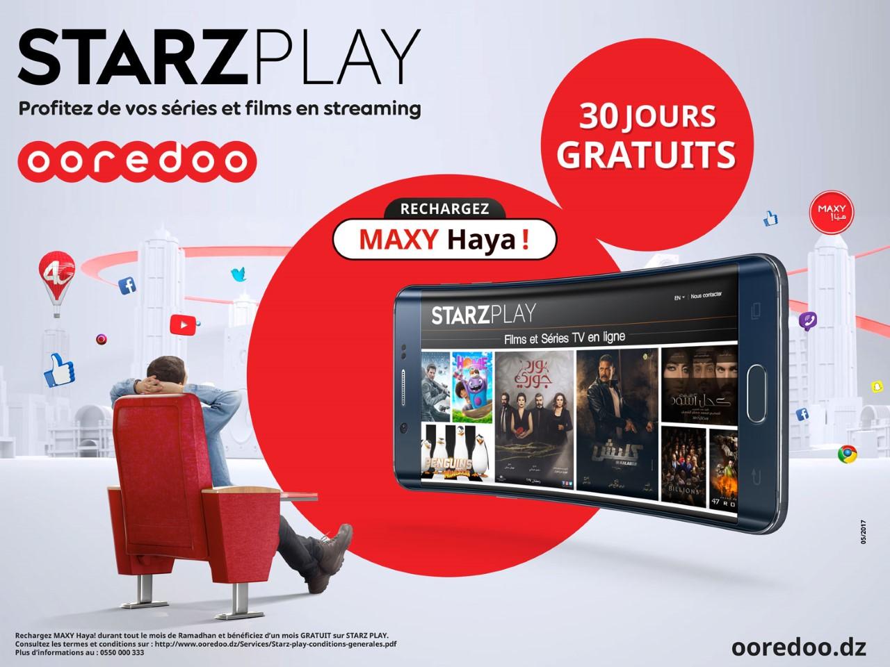 Ooredoo, chaque recharge Haya offre 30 jours, vidéo à la demande de STARZ PLAY