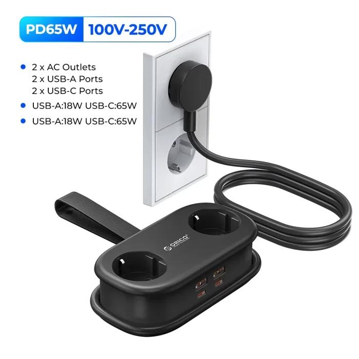ORICO – multiprise GaN 65W, prise ue, prises 2AC, 2 ports USB, 1 Type C, adaptateur Portable, rallonge, charge rapide pour voyage et maison