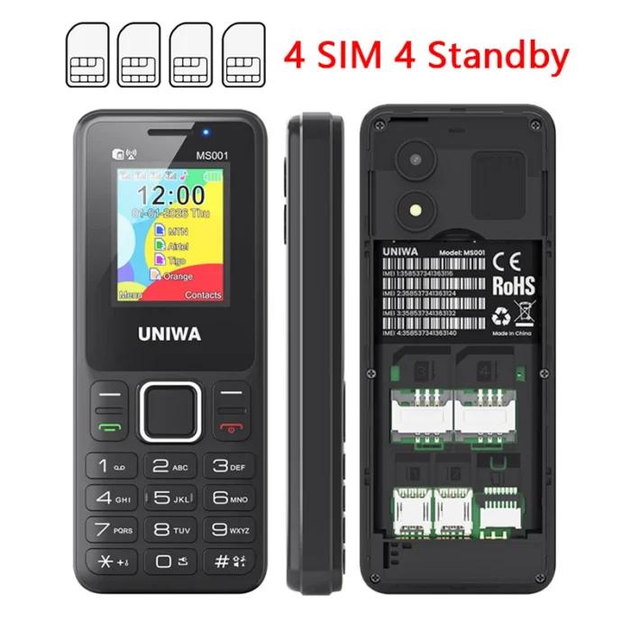 Téléphone portable UNIWA MS001, 4 cartes SIM, 4 modes veille, amplificateur de signal GSM, clavier, batterie 1800 mAh, radio sans fil, lampe torche, téléphone pour seniors.