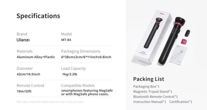 Ulanzi MT-84 1.53M Magsafe Selfie bâton trépied support Bluetooth télécommande téléphone Extension trépied pour IPhone 16 15 LiveStreaming Vlog