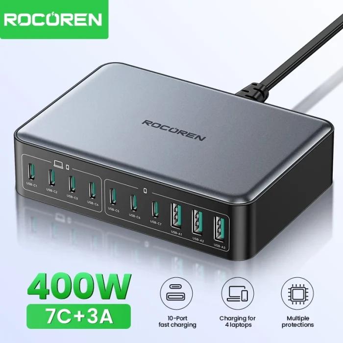 Rocoren 400W USB Type C Gan chargeur Portable 10 en 1 centrale électrique de bureau type-c chargeur rapide pour iPhone 16 Pro Max MacBook Air
