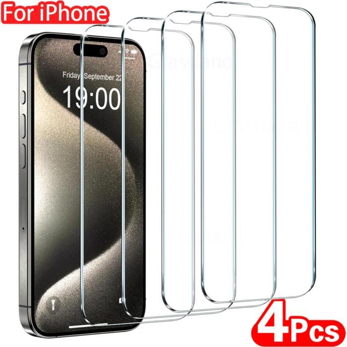 Protecteur d’écran en verre pour iPhone, Film de protection en poly, Verre du Guatemala pour iPhone 16 15 14 13 12 11 Pro Max 7 8 Plus X XS Max, 4 pièces