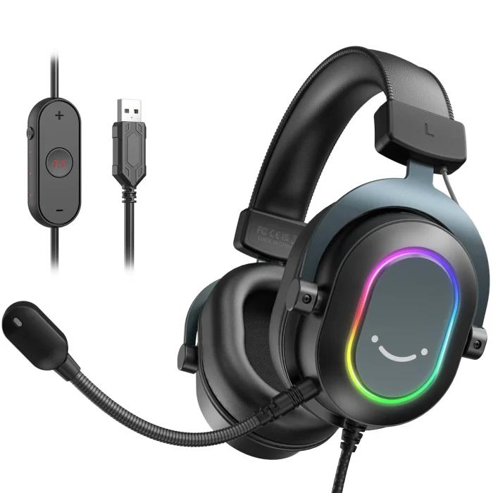 Fifine Casque de jeu RVB dynamique avec micro Casque supra-auriculaire 7.1 Surround Sound PC PS4 PS5 3 options EQ Jeu Film Musique – H6