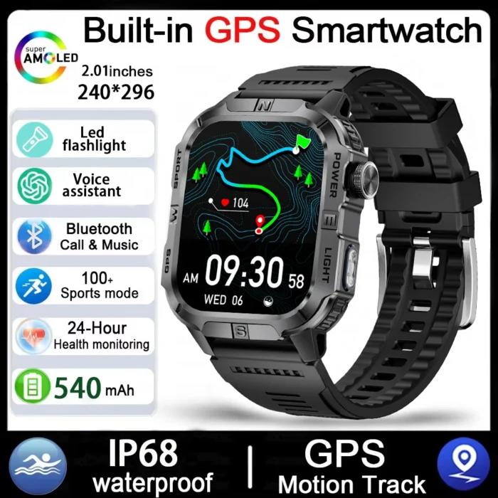Montre connectée militaire d’extérieur pour hommes, équipée d’une éclairage LED GPS, une boussole, une Communication sans fil, étanche IP68, nouveauté 2026