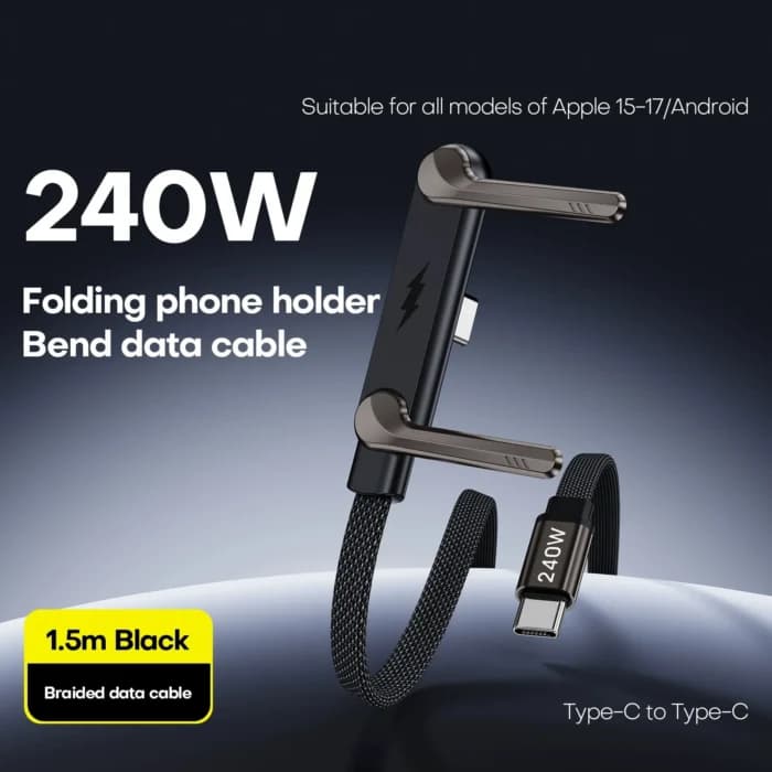 Câble USB PD à charge ultra-rapide de 240 W, support pliable pour téléphone portable, réglage multi-angles, câble de données pour la recharge de smartphones.