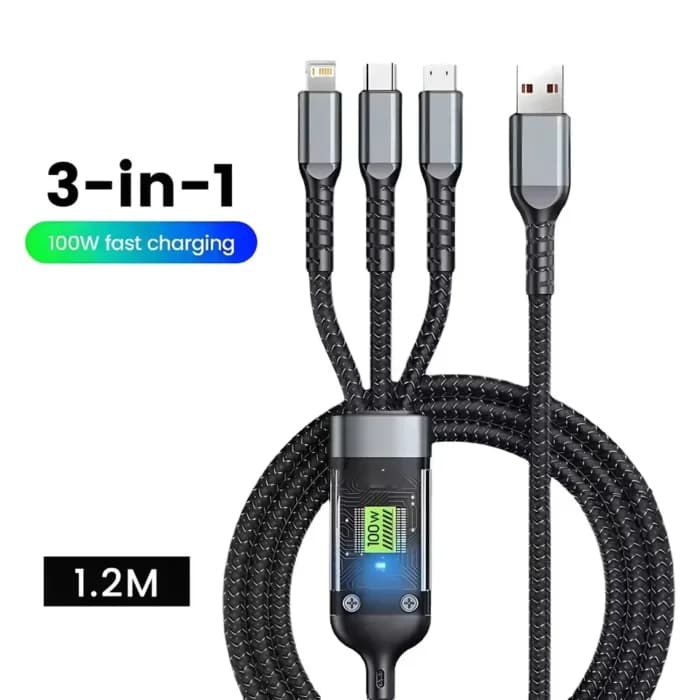Câble de charge rapide USB A 3 en 1 100W, cordon de données à charge rapide, chargeur universel pour iPhone Samsung Xiaomi Huawei