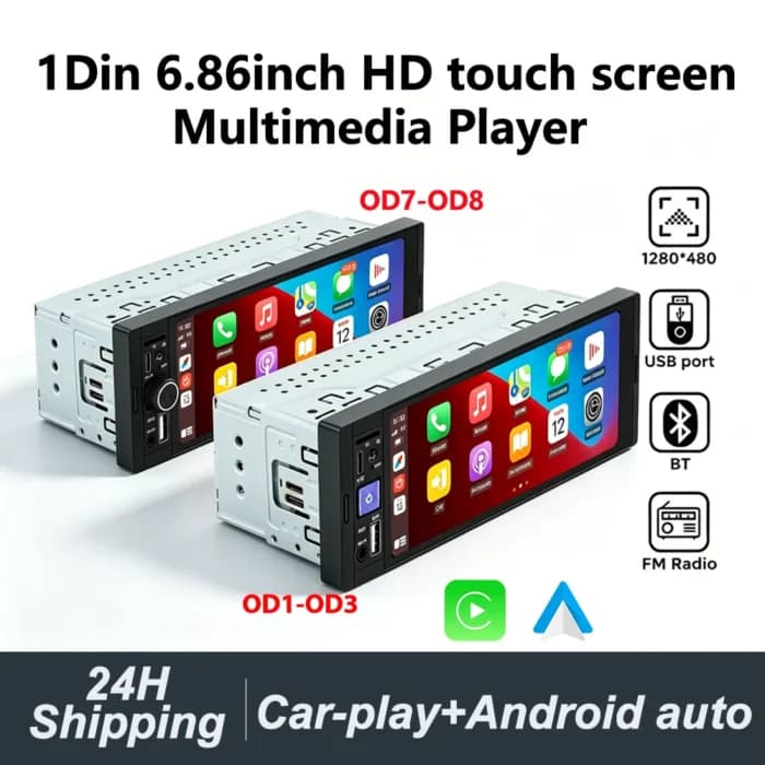 Poste Radio Voiture 1 Din Universel Écran Tactile HD 6.86 Pouces Centrale Multimédia Automobile CarPlay Sans Fil Android Auto Bluetooth Mains Libres Radio FM Lecture USB Stéréo Pour Tous Véhicules