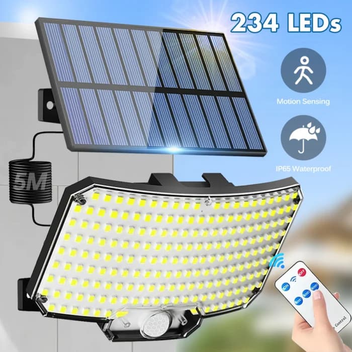 Lampes solaires d’extérieur avec détecteur de mouvement, projecteurs à distance, sécurité étanche IP65, 3 modes, 234LED