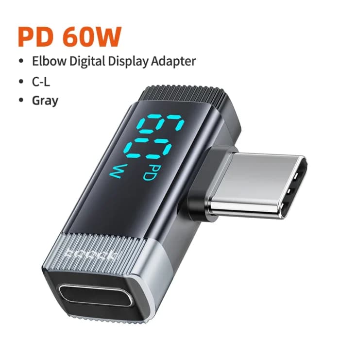 Toocki – adaptateur d’éclairage à 90 degrés vers Type C, connecteur OTG PD 60W, affichage numérique, Charge rapide pour ordinateur portable, convertisseur iPhone 16 15