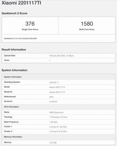Xiaomi Redmi Note 11 4G Inde variante Carte de pointage Geekbench