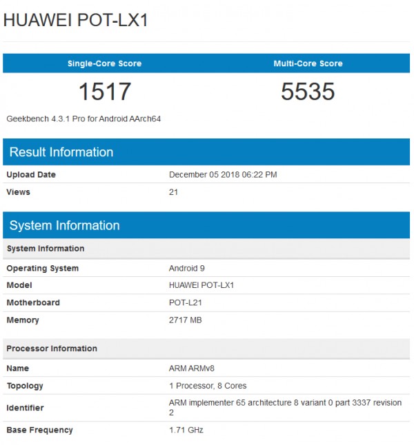 huawei p smart geekbench