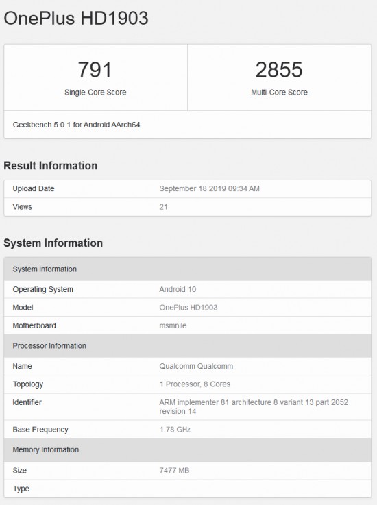 OnePlus 7T repéré sur Geekbench sous Android 10 et 8 Go de RAM