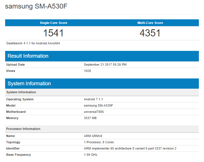 Samsung Galaxy A5 (2018) : Les variantes SD 660 et Exynos 7885 sont apparus sur Benchmark 2 Samsung-SM-A530F