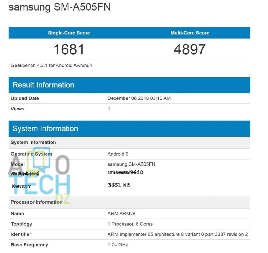 Samsung Galaxy A50 (SM-A505FN) s'affiche sur Geekbench avec Exynos 9610 2 Samsung-SM-A505FN-BECHMARK