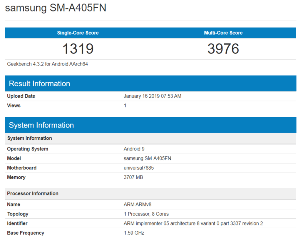 Samsung Galaxy A40 benchmarké avec le chipset Exynos 7885 2 galaxy a40 geekbench