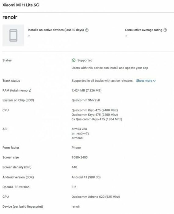 Google Play Console révèle les caractéristiques du Xiaomi Mi 11 Lite 2 Xiaomi Mi 11 Lite 5g goog